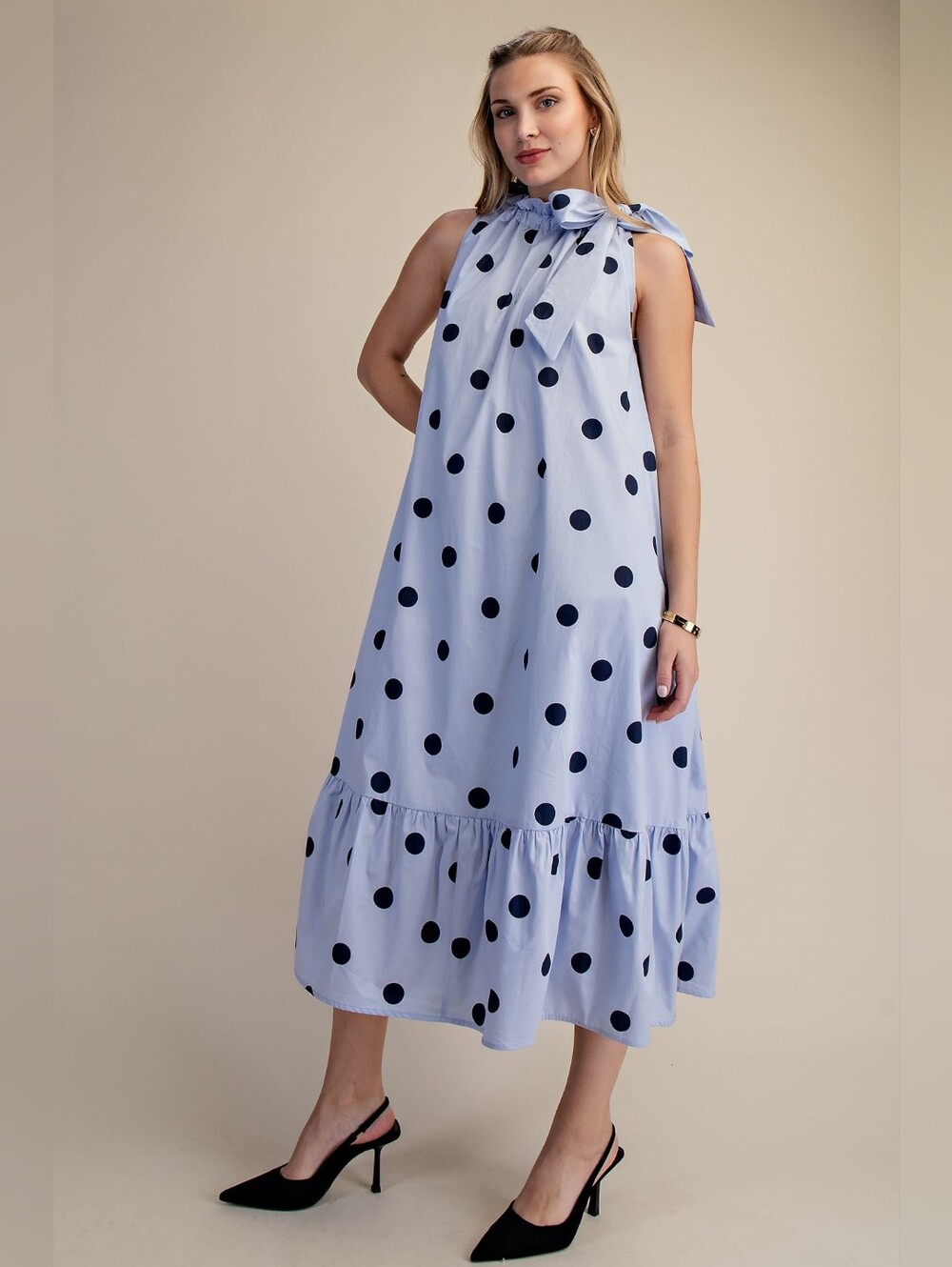 NWT Vintage Inspired Polka Dot Sleeveless Ruffle Neck Tie Midi Dress Size S/M/L